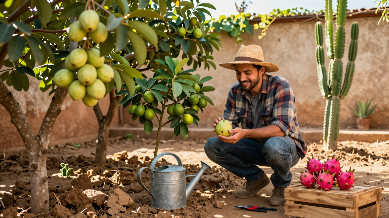 Man in a straw hat harvesting custard apples from a tree in a garden with a wooden crate of dragon fruit nearby.