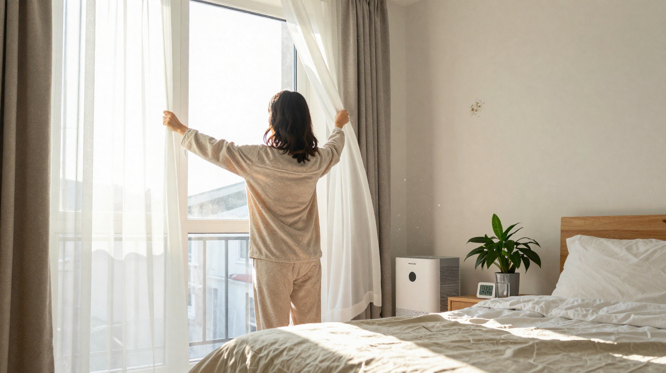 Person in pyjamas opening sheer curtains in a sunlit bedroom with a large bed and bedside plant.
