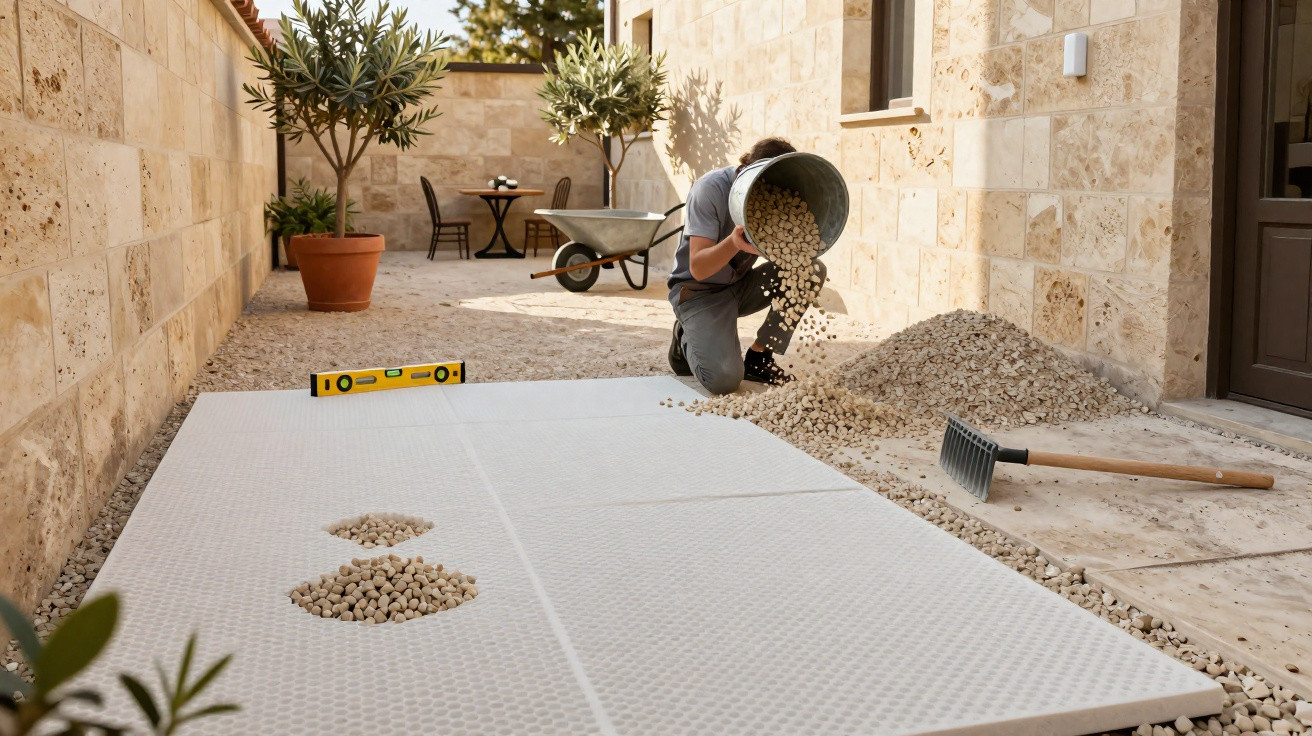 Person pouring gravel beside newly installed ground panels in a sunny outdoor patio area with stone walls.