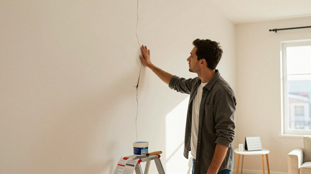 Man inspecting a large crack on a white wall inside a sunlit room.