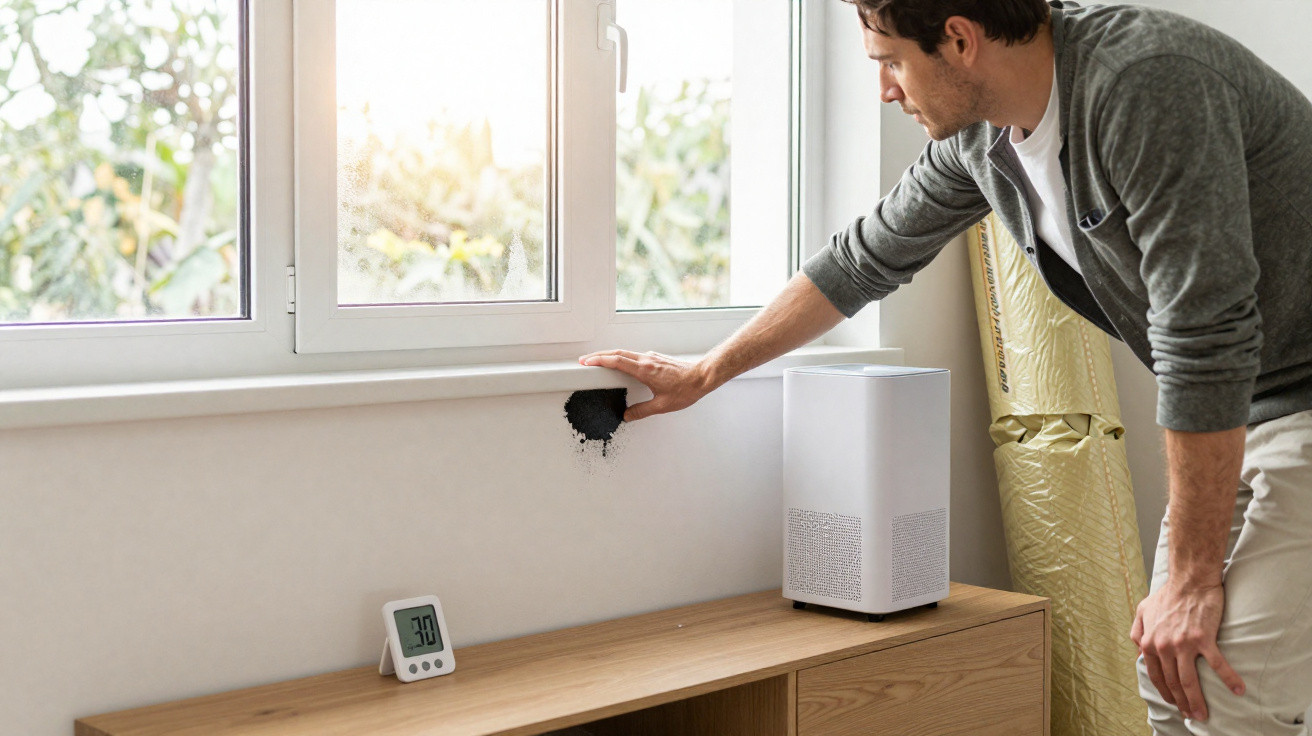 Man inspecting black mould growth on white wall near window in bright room with air purifier and timer on wooden cabinet.