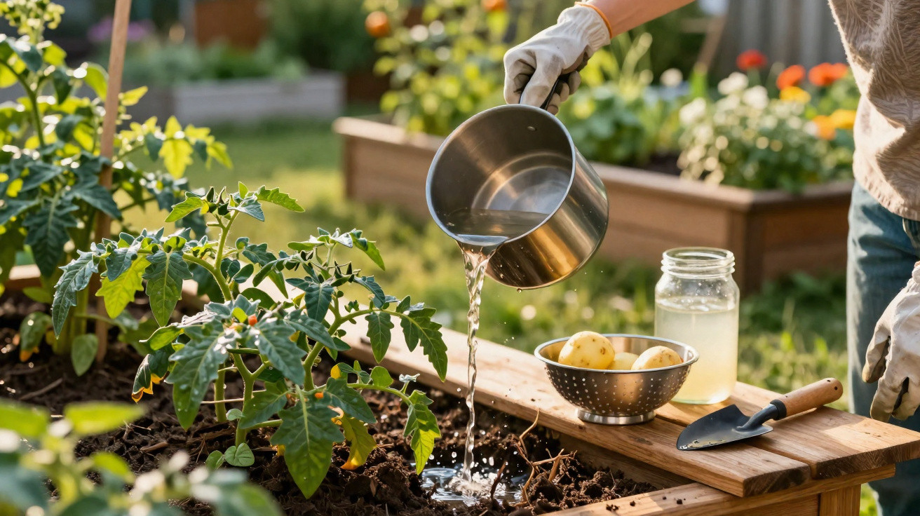 Person wearing gloves watering plants in a raised garden bed with gardening tools and potatoes nearby.
