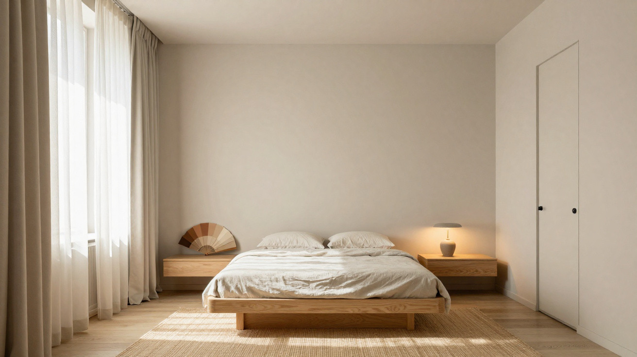 Minimalist bedroom with a wooden bed, neutral bedding, floating bedside tables, curtains, and soft natural lighting.