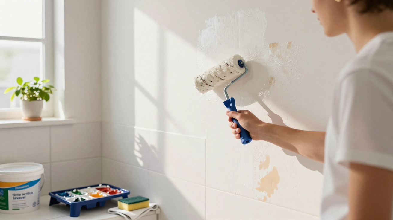 Person using a paint roller to apply white paint on a wall with paint supplies on a tiled surface nearby