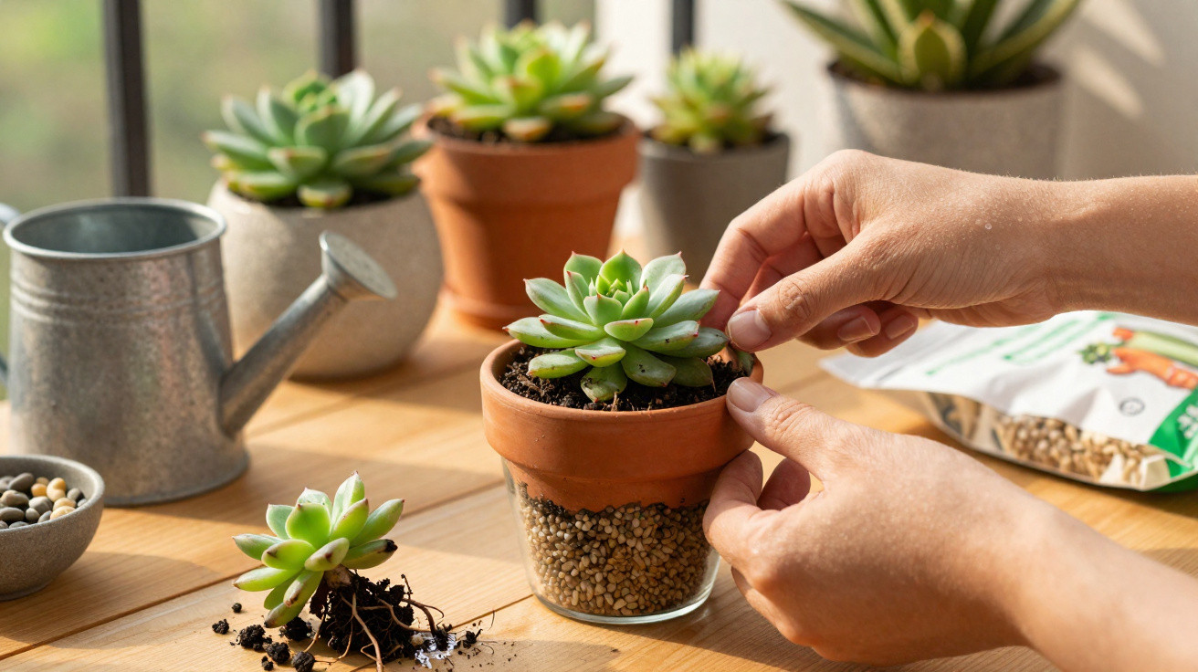 Hands repotting a green succulent into a terracotta pot on a wooden table with other plants and gardening supplies.