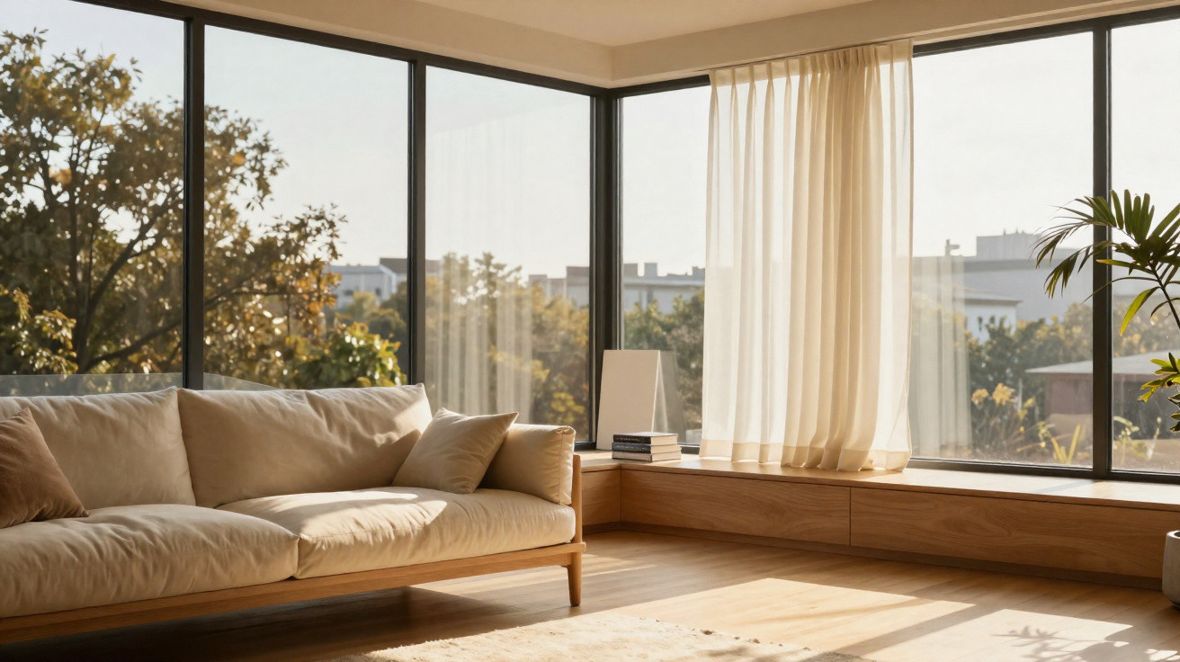 Bright living room with beige sofa, large corner windows, sheer curtains, wooden floor, and indoor plant.