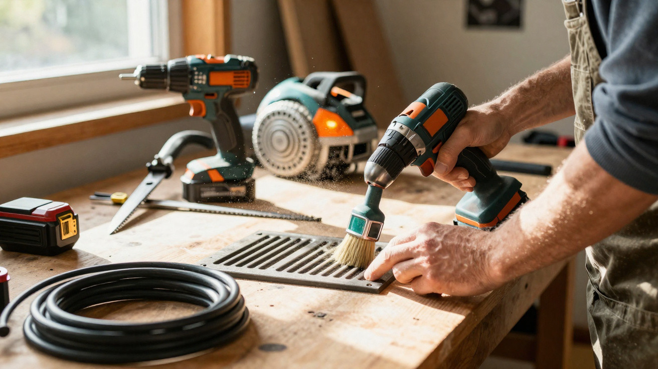 Person using a cordless drill with a brush attachment to clean a wooden workbench with power tools nearby.