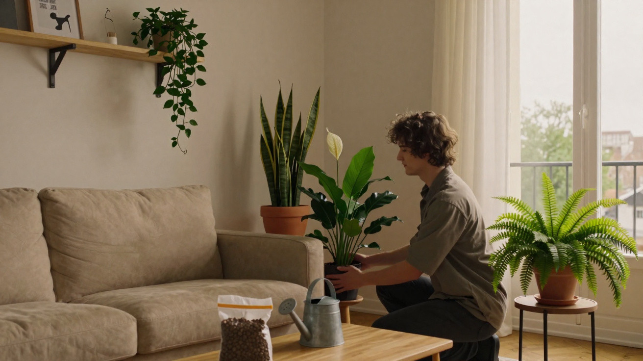 Person tending to a potted plant in a cosy living room with a sofa, coffee table, and large window.