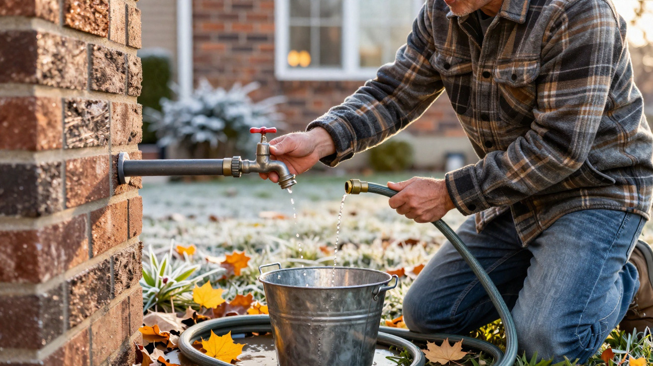 Person in flannel shirt kneeling outside collecting water from an outdoor tap into a metal bucket