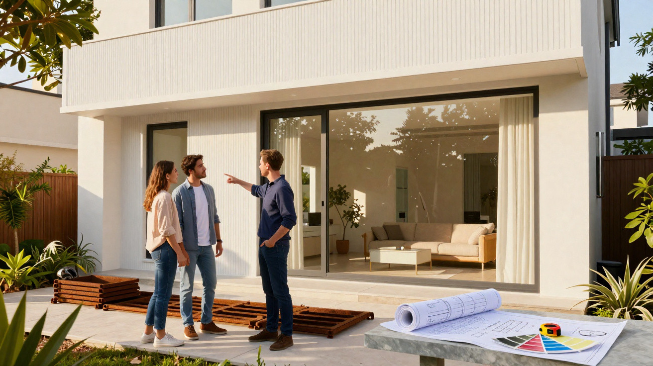 Three people discussing building plans outside a modern house under construction on a sunny day.