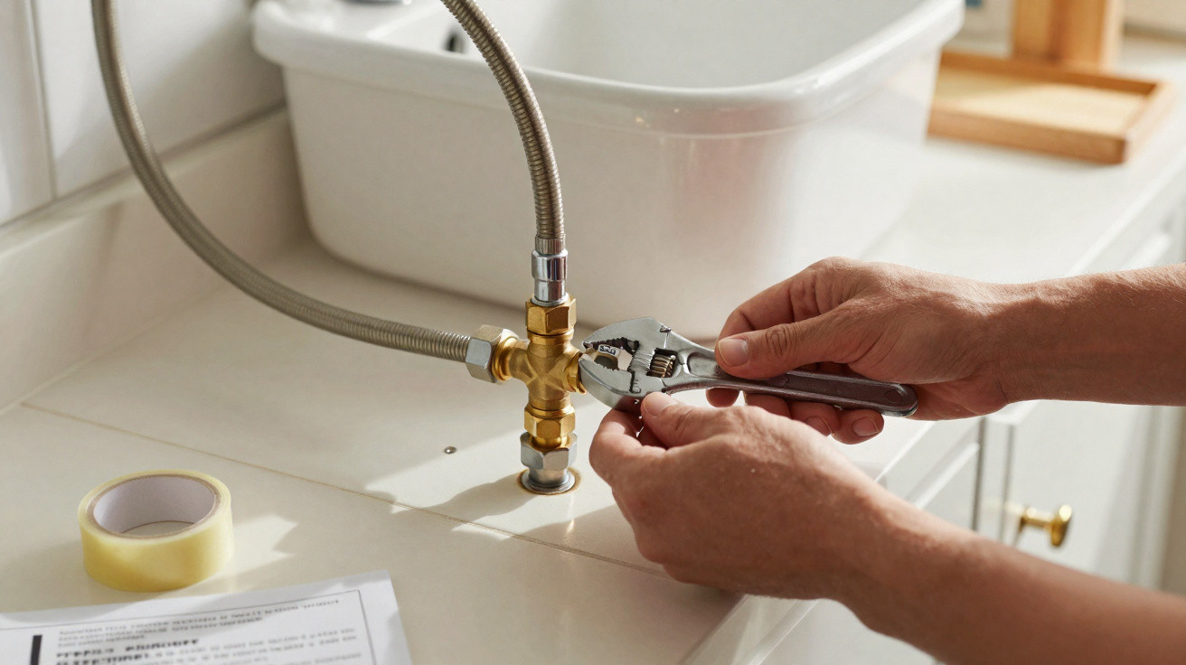 Hands tightening a pipe fitting under a bathroom sink using an adjustable wrench on a tiled countertop.