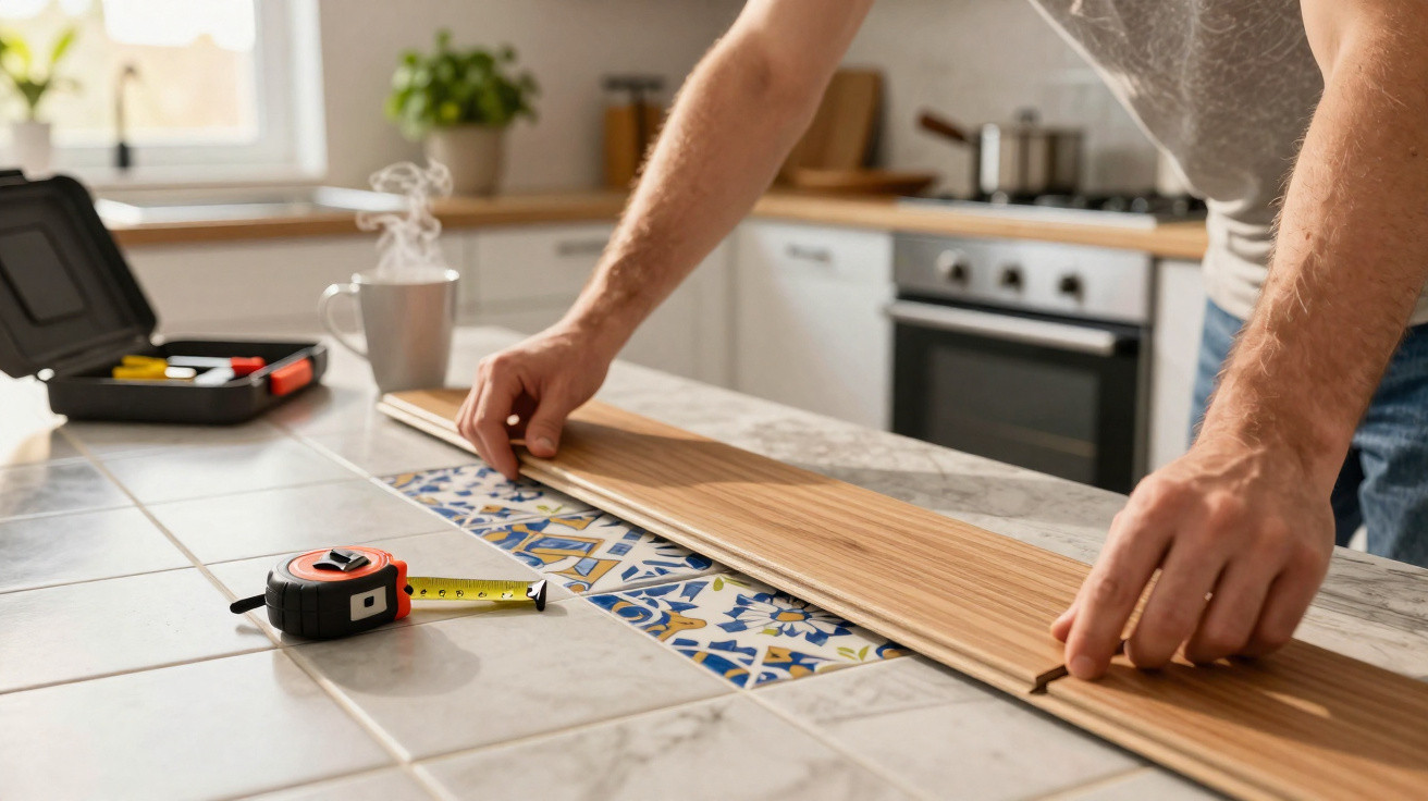 Person installing wooden flooring over patterned tiles in a bright kitchen with measuring tape and toolkit nearby.