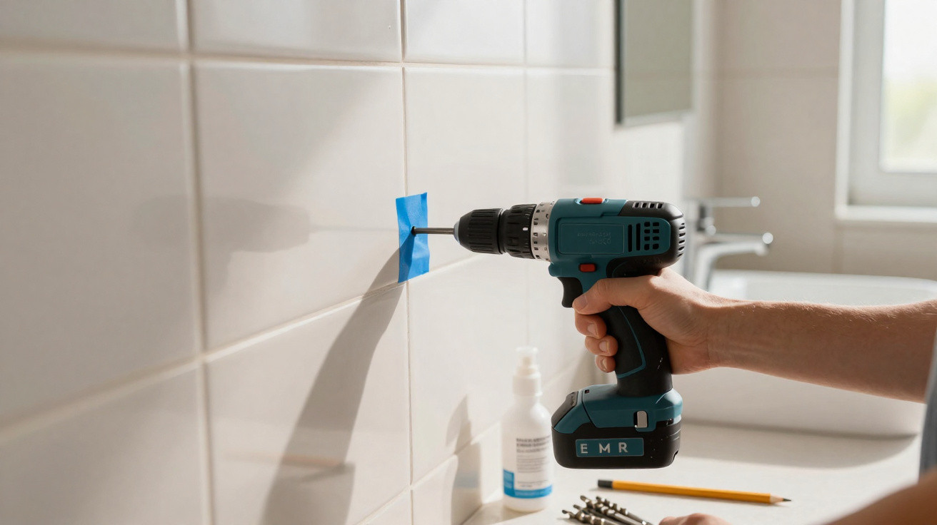 Person using a cordless drill on a tiled bathroom wall with blue tape marking the drilling spot.