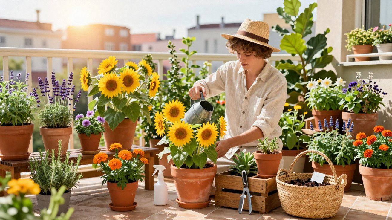 Person in a hat watering sunflowers on a balcony surrounded by various potted flowering plants and gardening tools.
