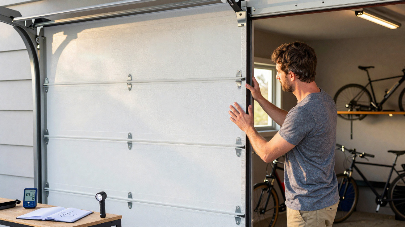 Man opening a garage door with bicycles and tools inside and a notebook on a nearby table.