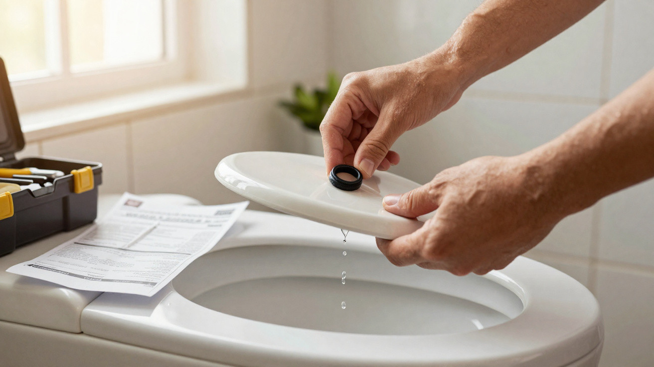 Hands removing a leaking toilet seat lid with water dripping, next to a toolbox and repair instructions.