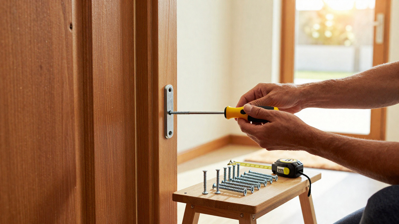 Person using a screwdriver to install a metal plate on a wooden door frame with screws on a nearby step stool.