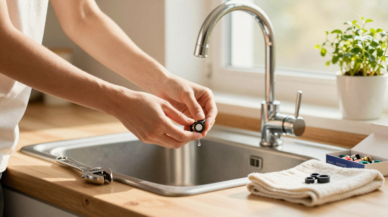 Person repairing a kitchen tap washer over a stainless steel sink with tools and a plant nearby.