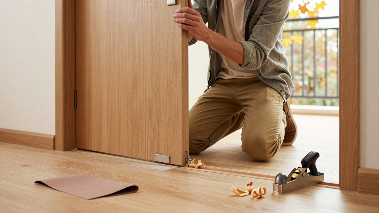 Person fitting a wooden door on a floor with wood shavings and a hand planer nearby.