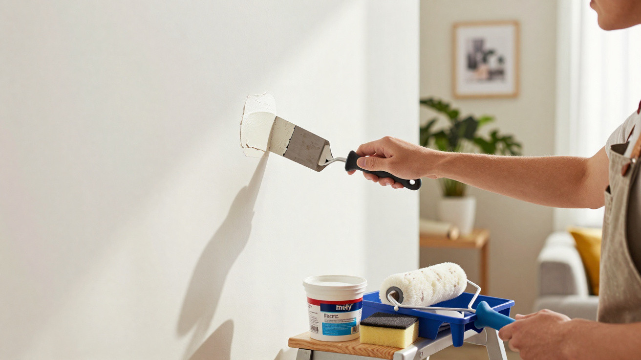 Person using a putty knife to fill wall holes with filler in a bright room with painting tools nearby.