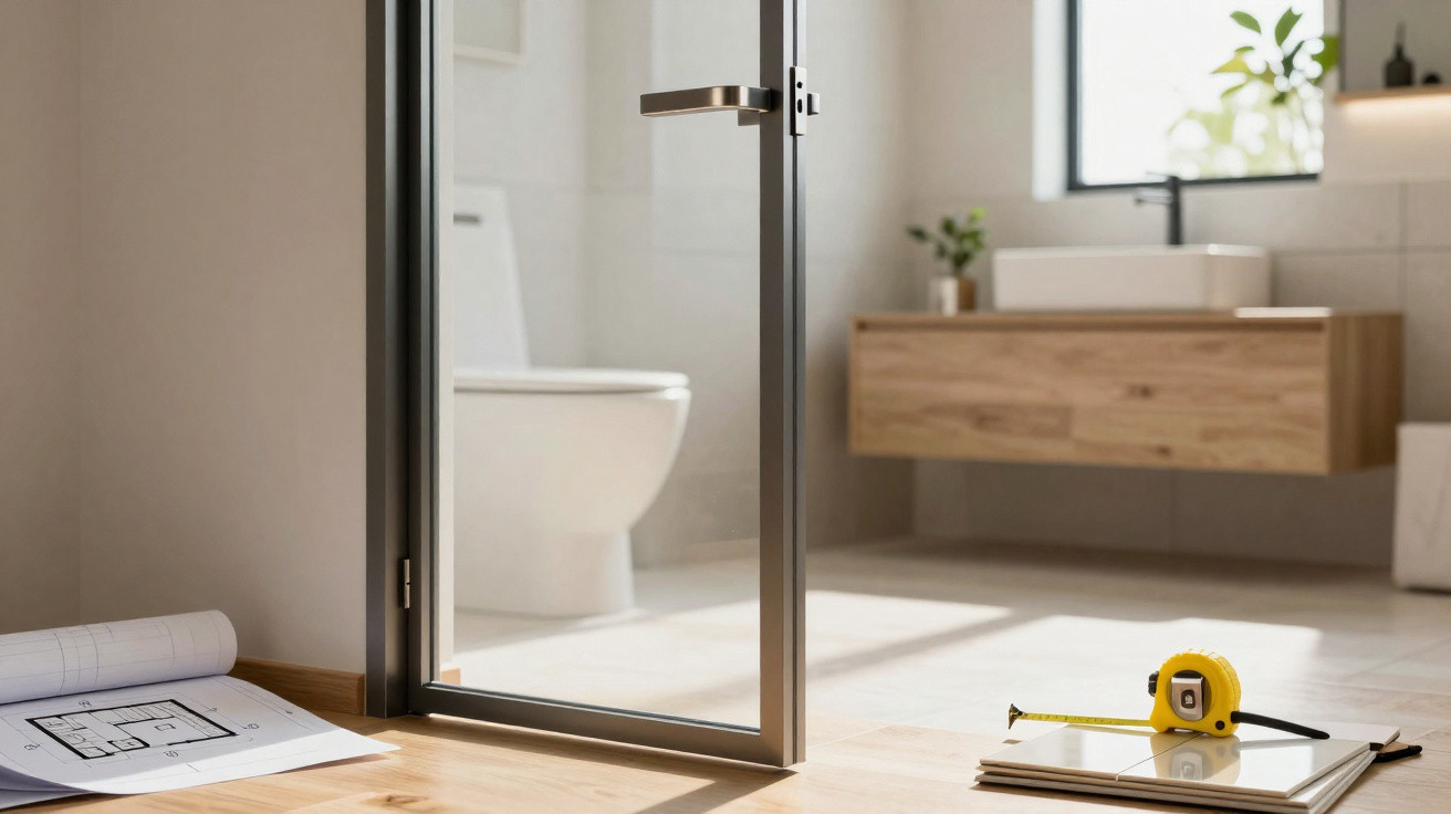 Open glass door leading to a bright modern bathroom with wooden vanity and measuring tape on floor.