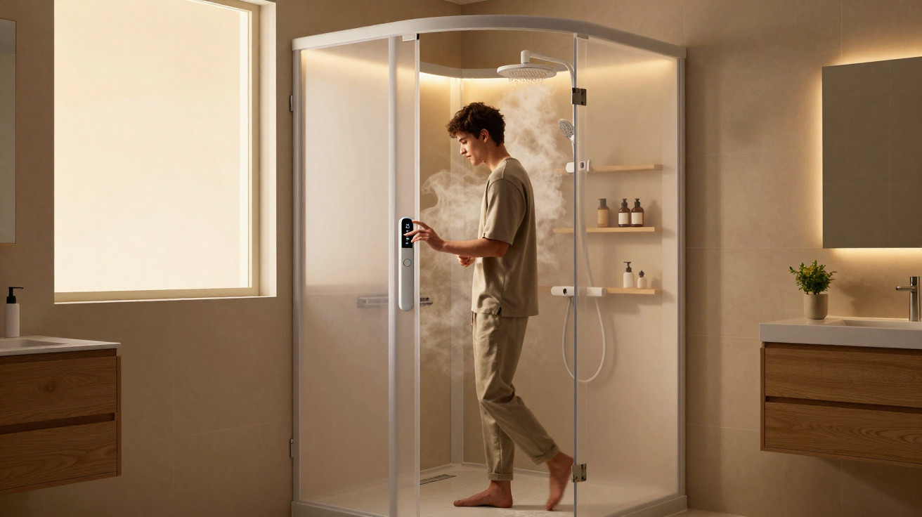 Man adjusting smart control panel in a modern steam shower with beige tiles and wooden bathroom cabinets.