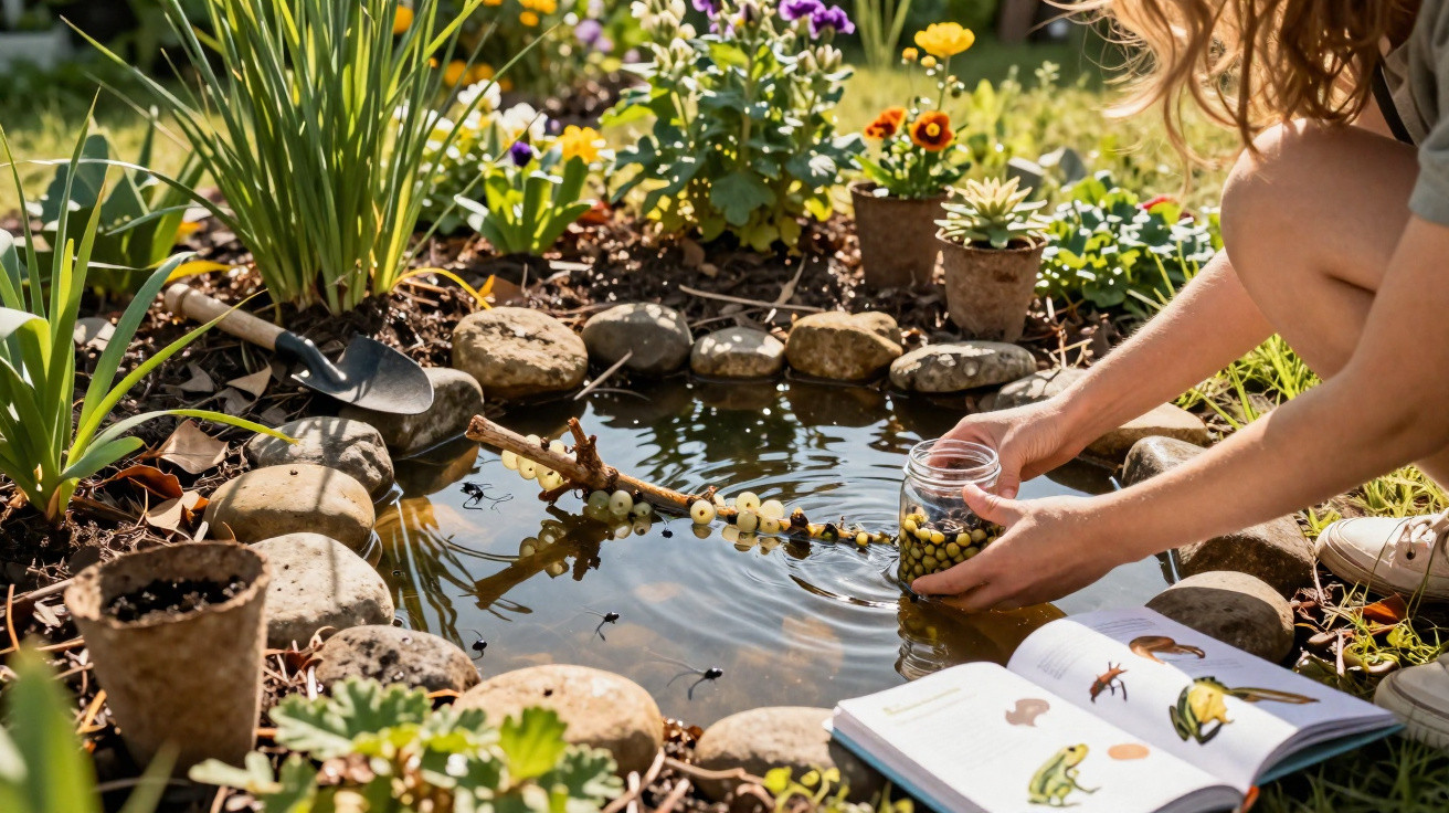 Person releasing aquatic insects from a jar into a small garden pond surrounded by plants and stones.