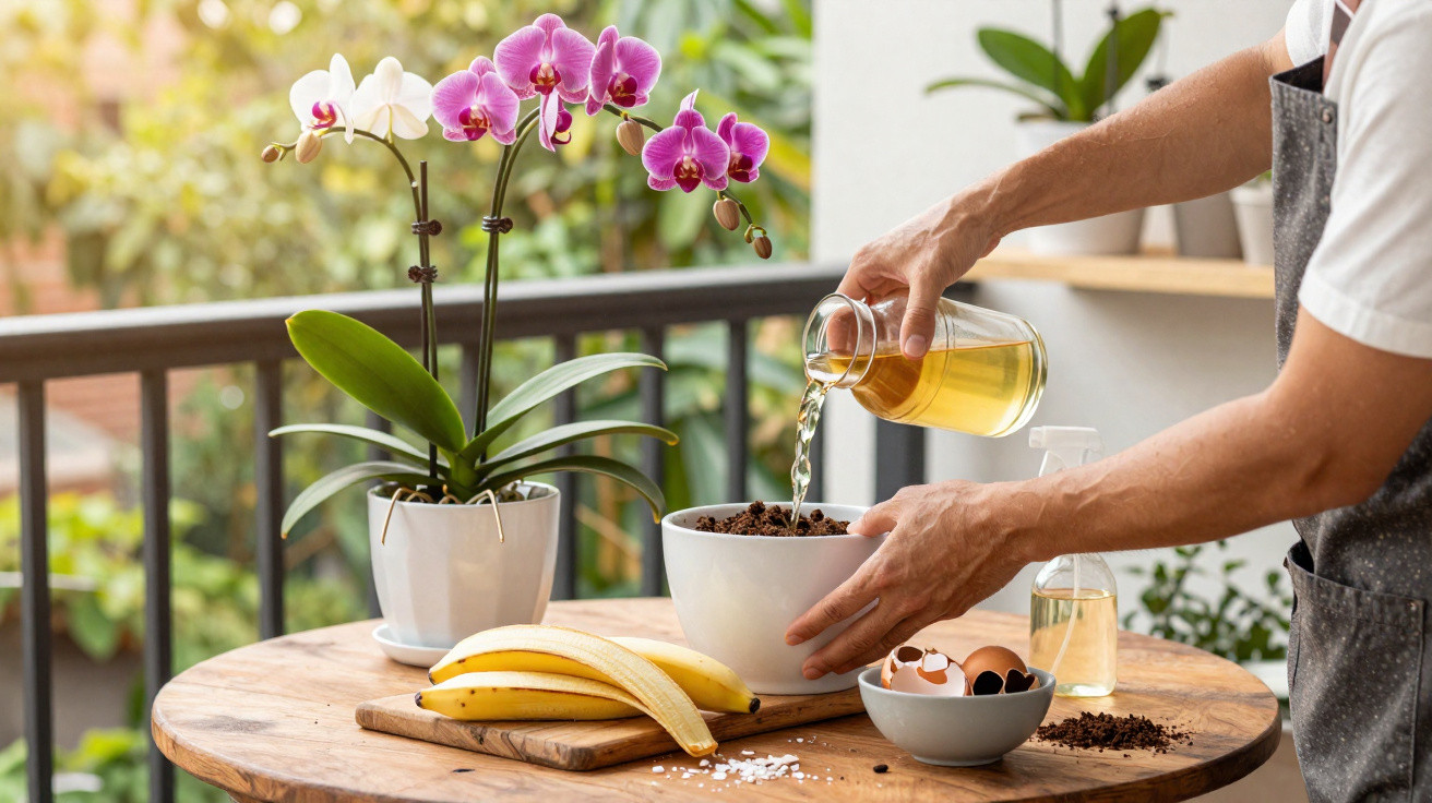 Person watering soil in a pot on a wooden table with orchids, bananas, and eggshells nearby outdoors.