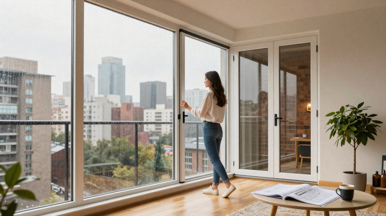 Woman standing by large glass doors looking out at cityscape on a rainy day in a modern apartment.