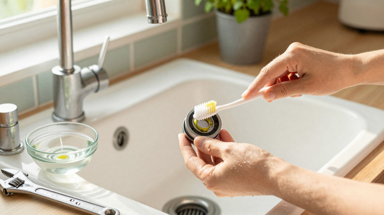 Person cleaning an electric razor head with a toothbrush over a kitchen sink with tools nearby