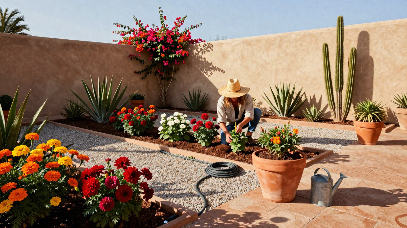 Person wearing a hat gardening in a sunny courtyard with colourful flowers and large potted cacti.