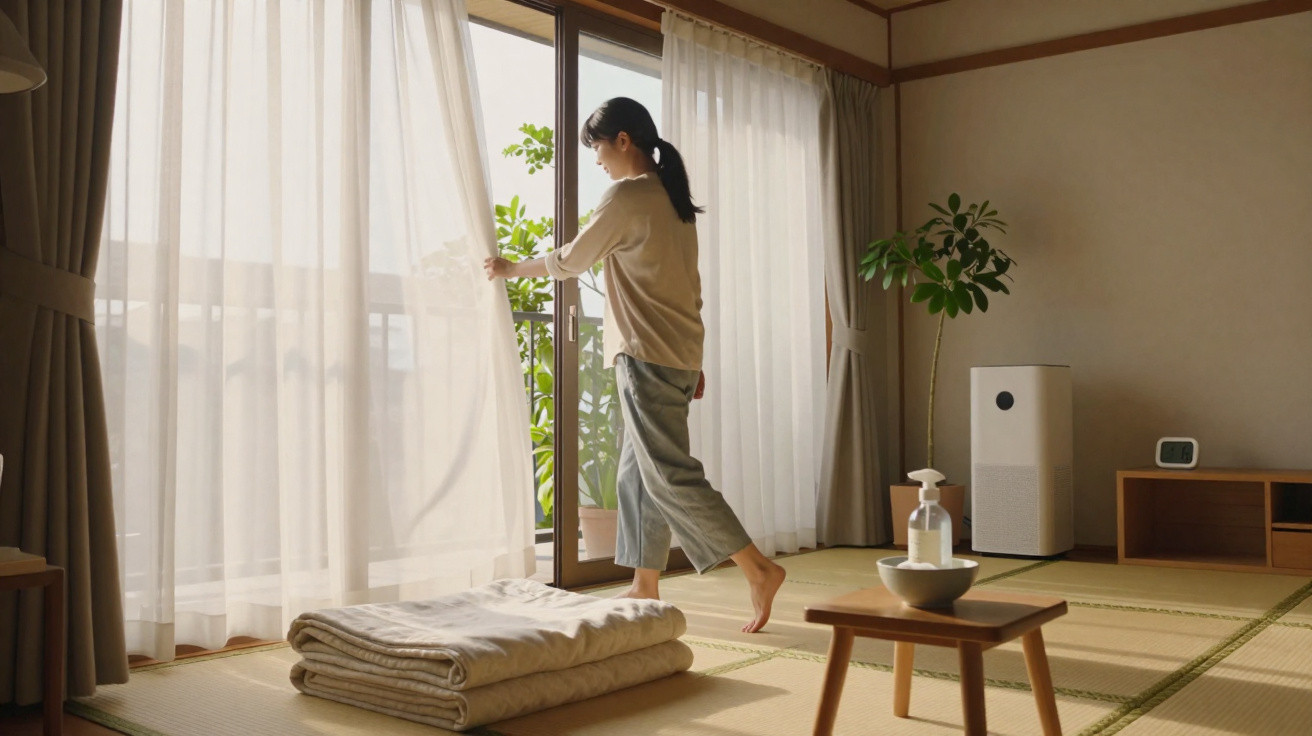 Woman opening sheer curtains in a sunlit, minimalist Japanese-style room with tatami mats and houseplants.