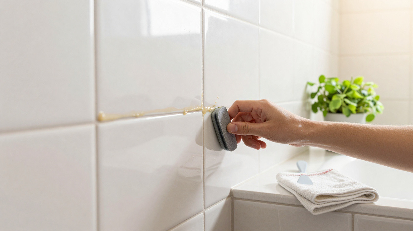 Hand cleaning white tiled wall grout with a sponge in a bright bathroom near a folded towel and plant.