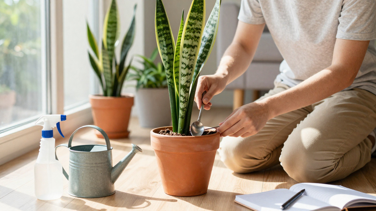 Person tending to snake plants in pots by a sunlit window with gardening tools and a notebook nearby.