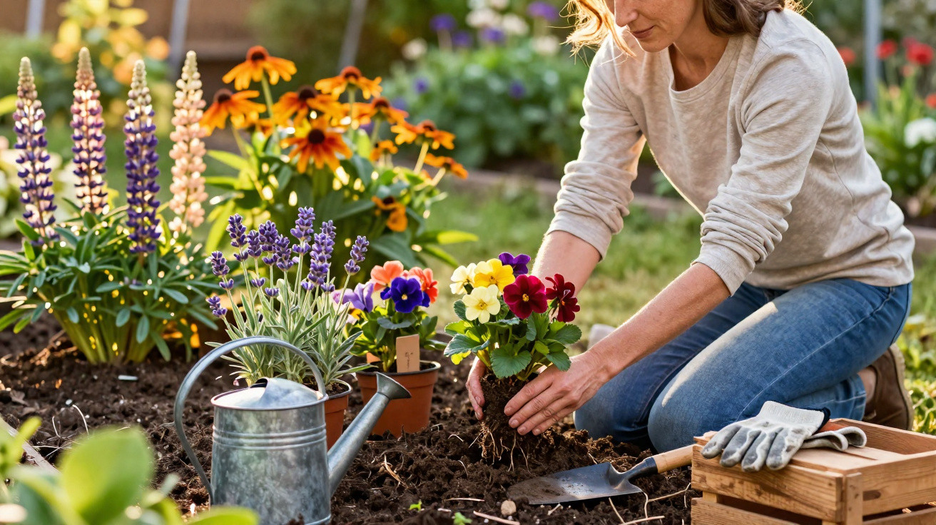 Woman planting colourful flowers in a garden bed with gardening tools and watering can nearby on a sunny day.