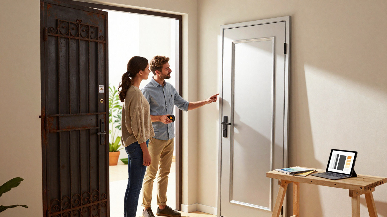 Couple standing by an open door looking at a closed interior door in a bright modern home.