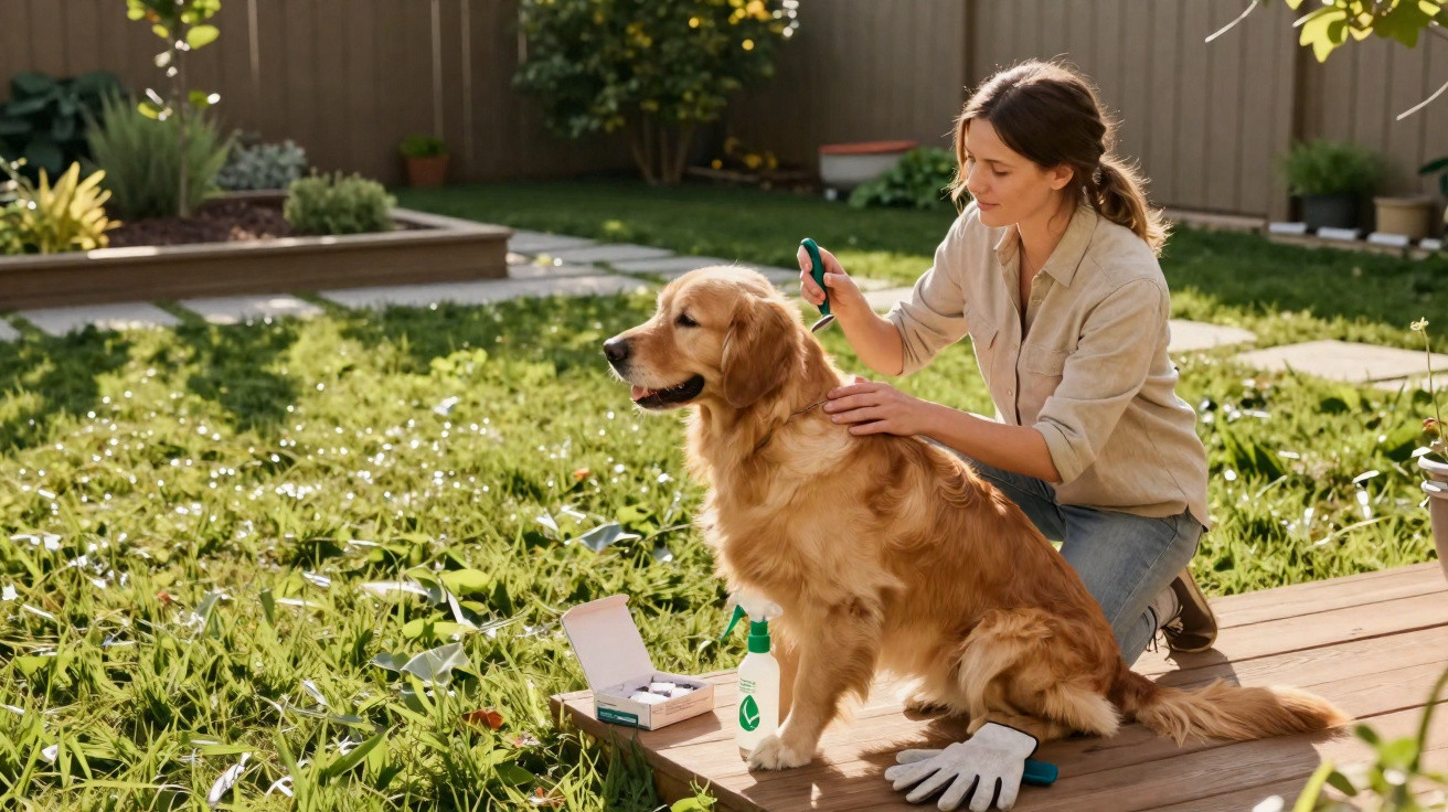 Woman grooming a golden retriever dog with a brush outdoors on a sunny day.