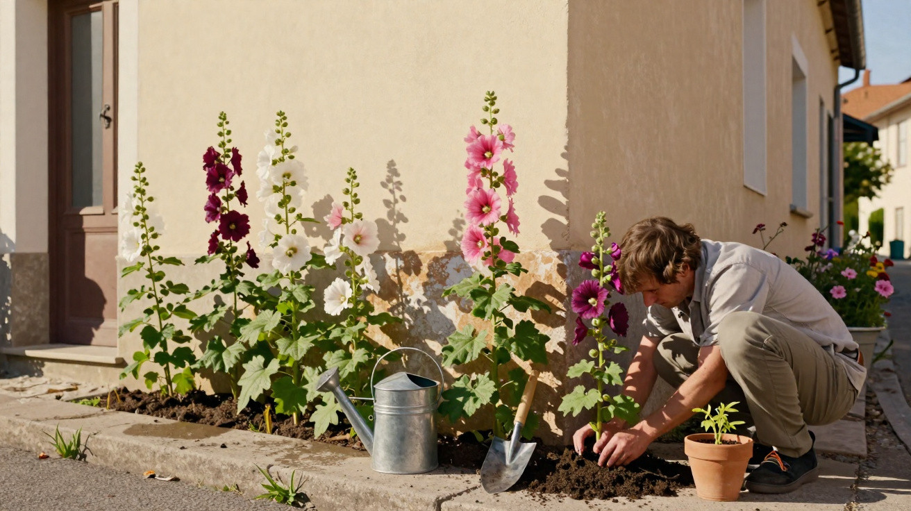Man gardening hollyhocks in various colours beside a house with watering can and trowel nearby.