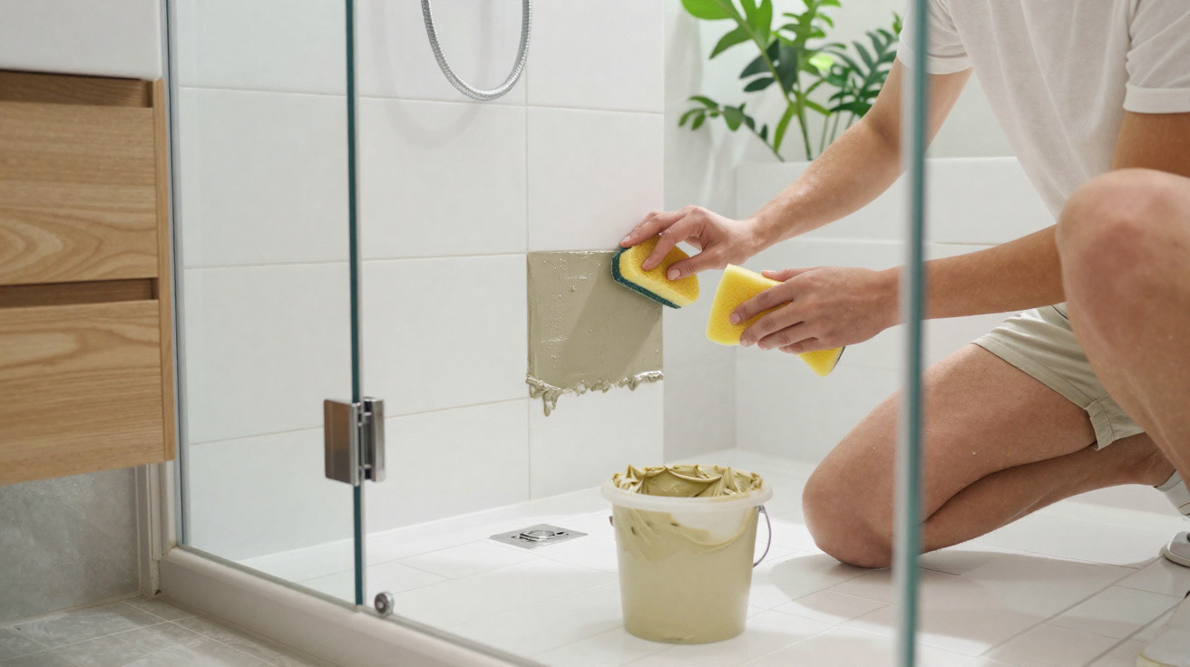 Person applying grout to bathroom wall tiles inside a shower enclosure with a sponge and bucket nearby.