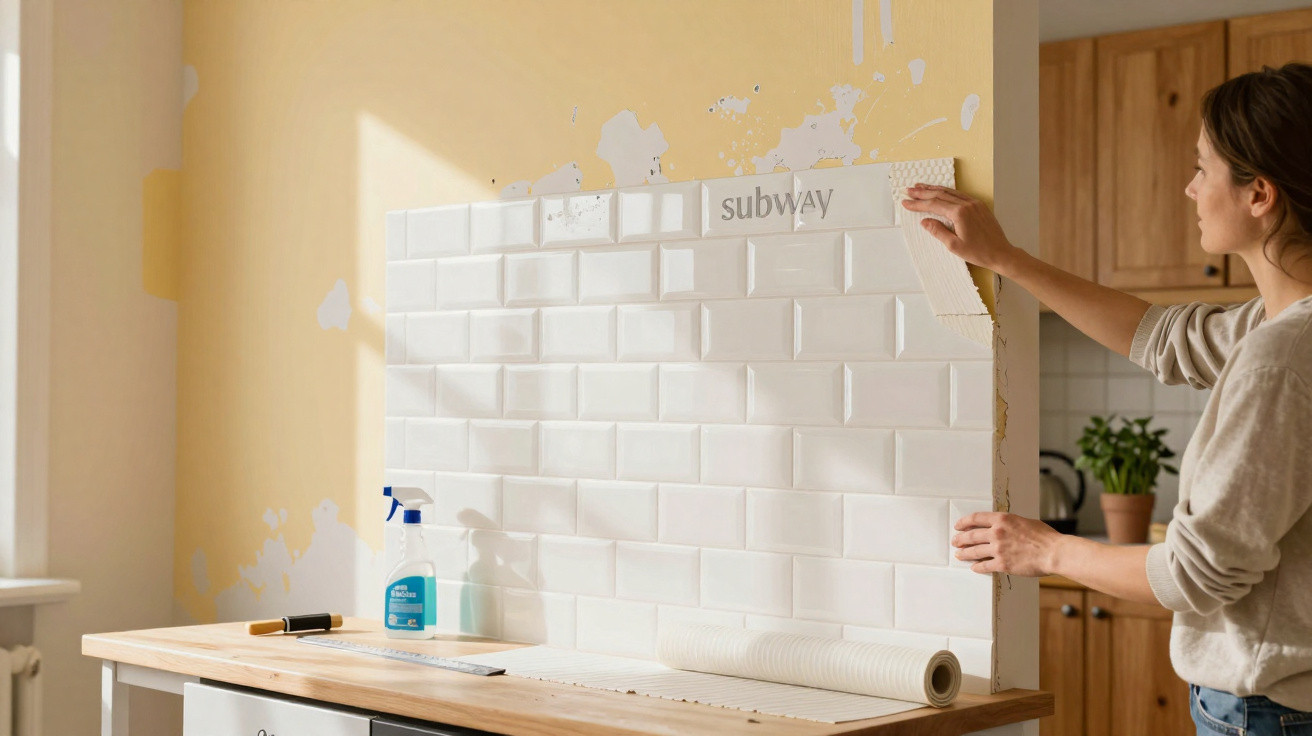Woman installing white subway tile wallpaper on a yellow kitchen wall over a wooden countertop.