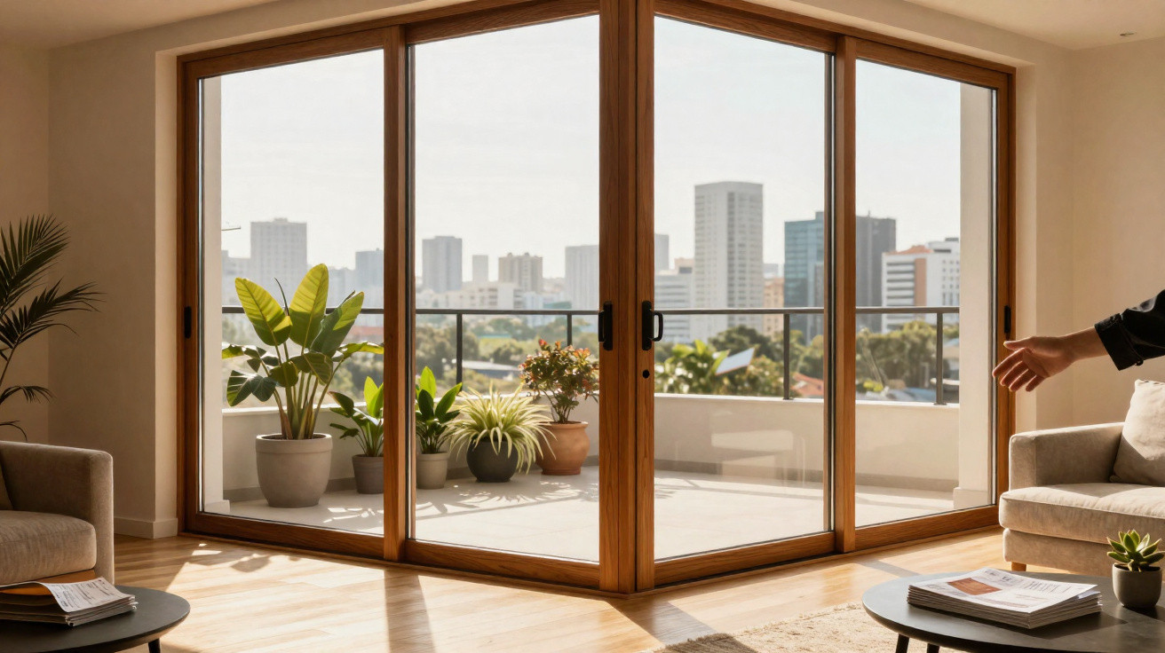 Bright living room with large wooden-framed glass doors opening to a balcony with potted plants and city view.