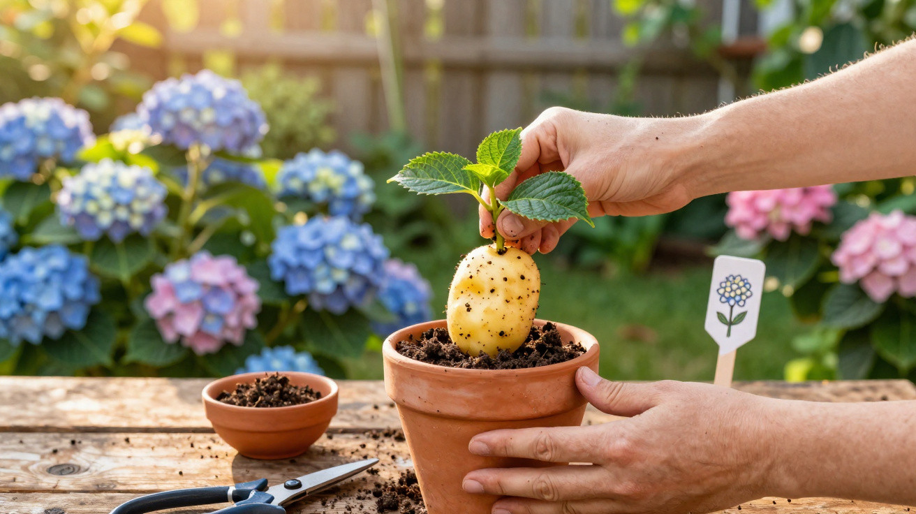 Hands planting a sprouting potato in a terracotta pot on a wooden table with flowers in the background.