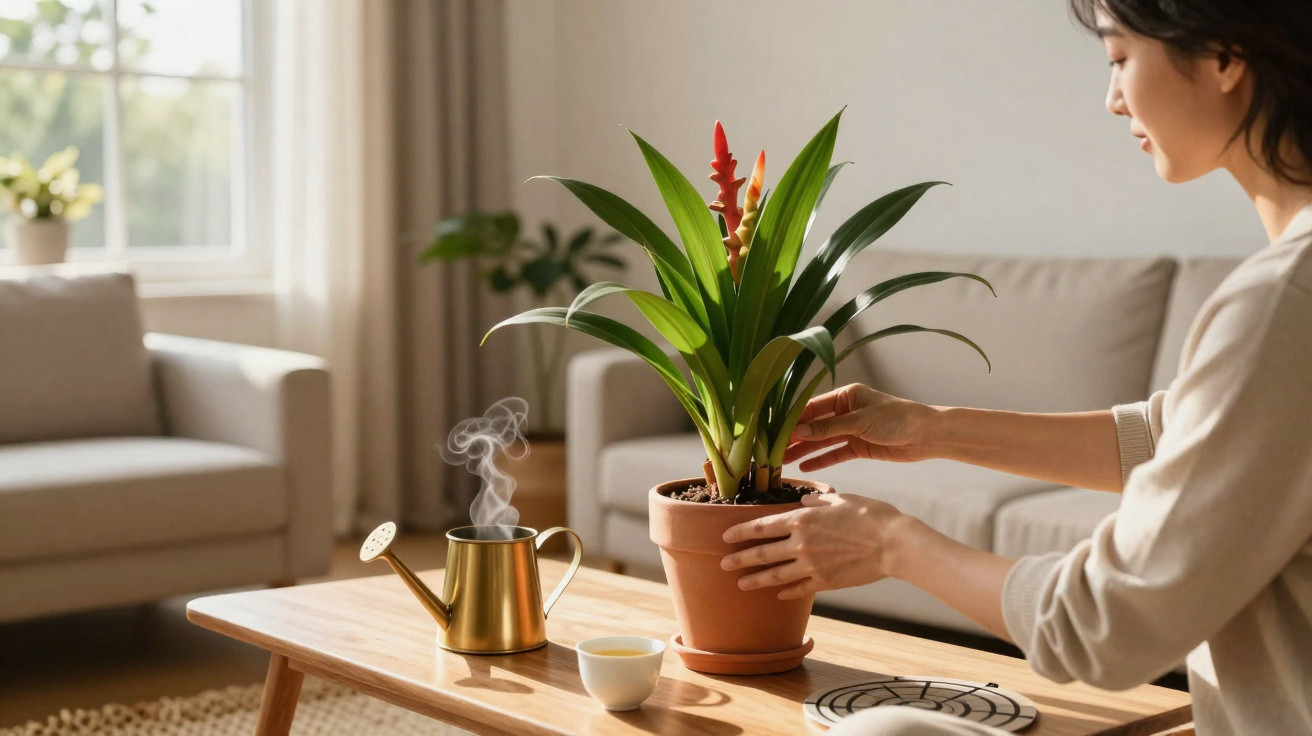 Person tending to a potted plant on a wooden table beside a steaming watering can in a bright living room.