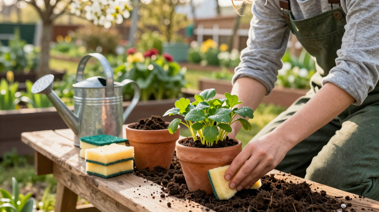 Person cleaning terracotta pot with sponge next to green plant, soil, and watering can on wooden table outdoors.