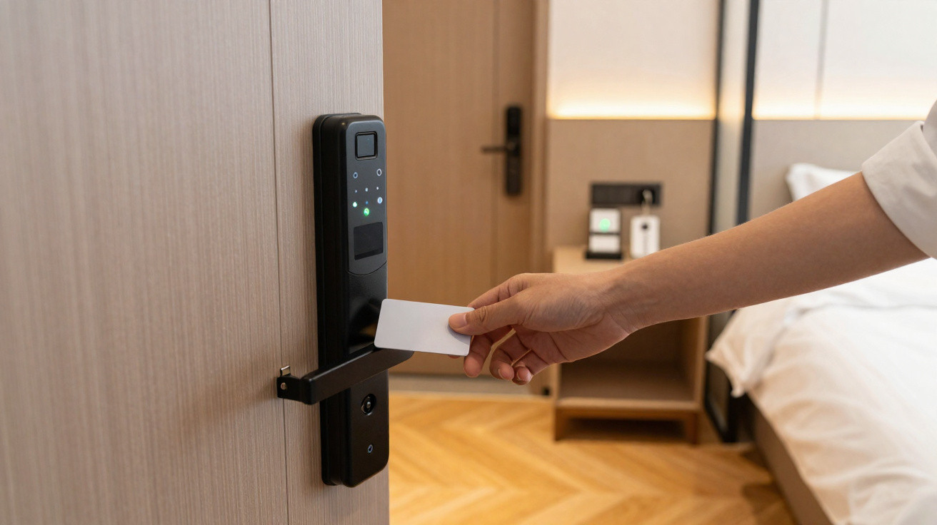 Person holding a key card to unlock a digital hotel room door in a modern bedroom.