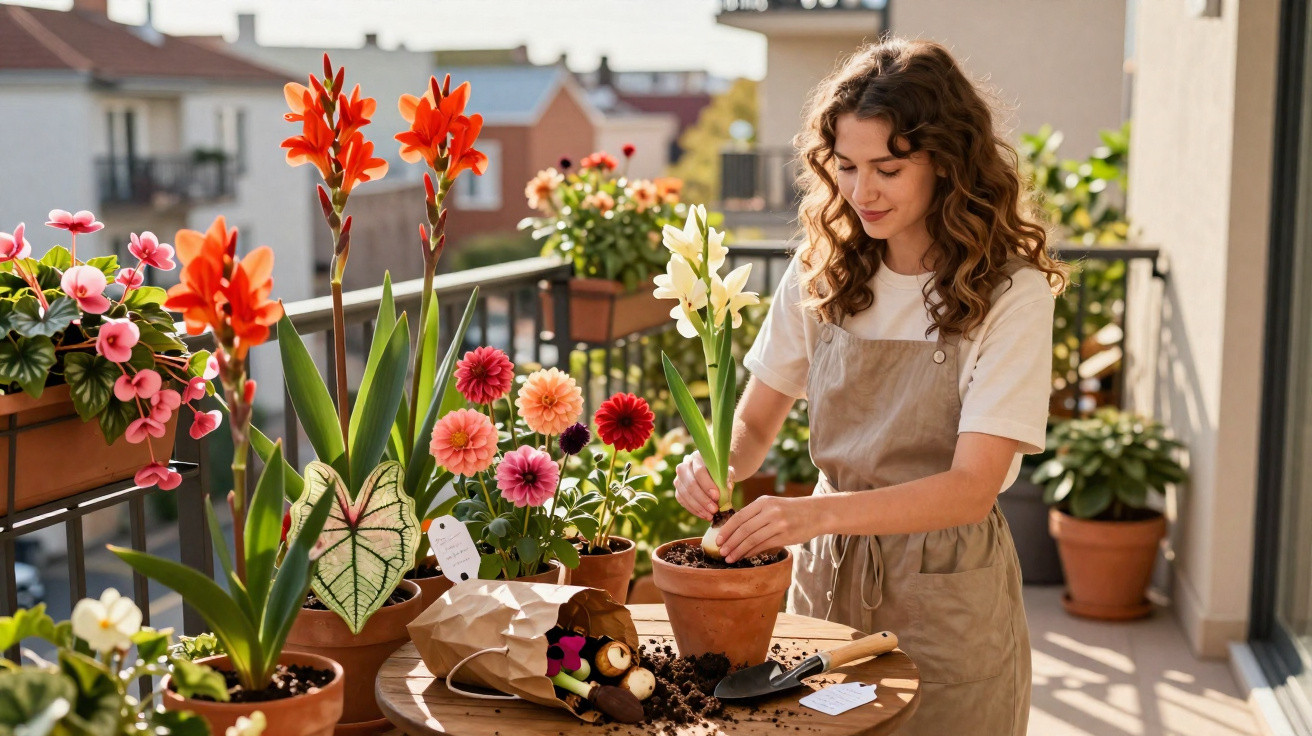 Woman gardening with potted flowers on a sunny balcony, arranging white and orange blooms in clay pots.