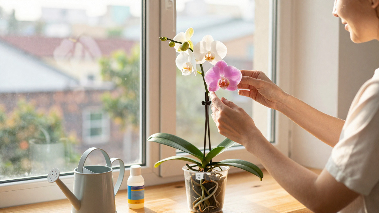 Person tending to a pink and white orchid on a windowsill with a watering can and plant feed bottle nearby.