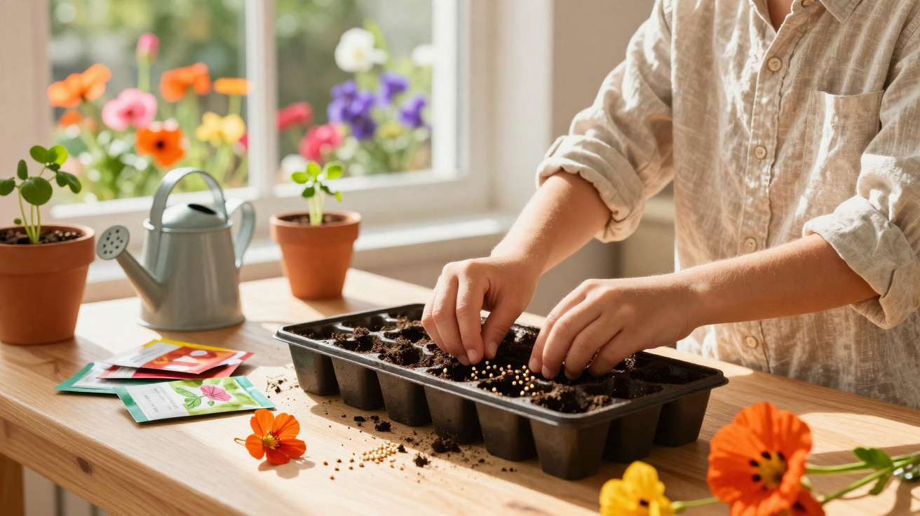 Person sowing seeds in soil trays on a wooden table by a window with potted plants and a watering can.