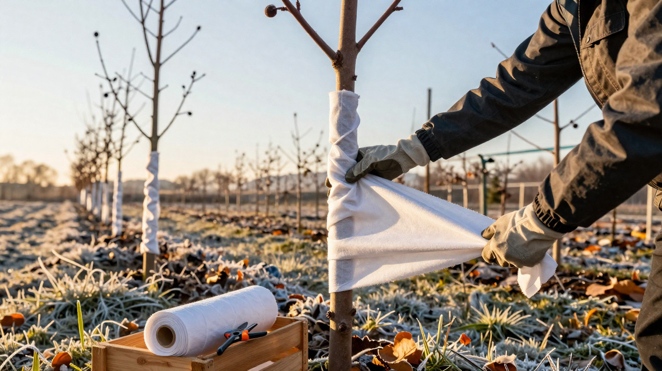 Person wrapping frost protection fabric around young tree trunk in a frosty orchard at sunrise.