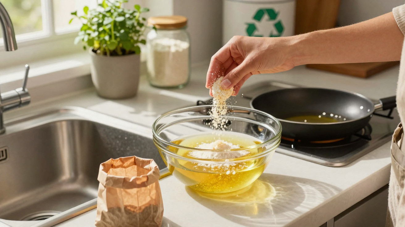 Hand sprinkling flour into a glass bowl with beaten eggs on a kitchen countertop near a sink and stove.